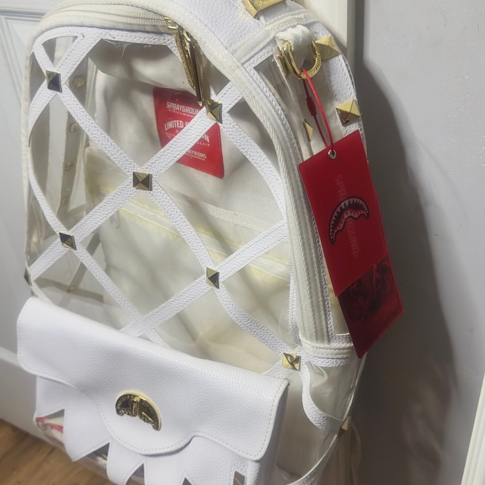 Sprayground White Clear Accent Backpack with Gold Studs